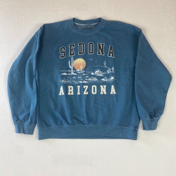 Sedona Arizona Cactus Sunset Landscape Graphic Blue Crewneck Pullover Sweatshirt - Picture 1 of 8